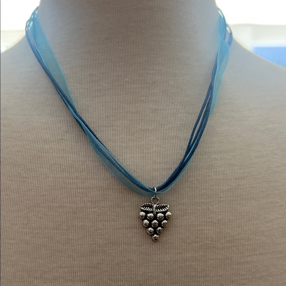 Silver Grape Pendant Necklace with Blue Ribbon